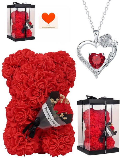 "Heart-Bracelet of Love and Faith" Rose Lover Fashion High-End Heart-Shaped Gemstone Necklace, Paired with the Everlasting Flower Bear Gift Box. Suitable as Valentine'S Day Gift, Anniversary Gift, Birthday Gift, or Christmas Bestseller.
