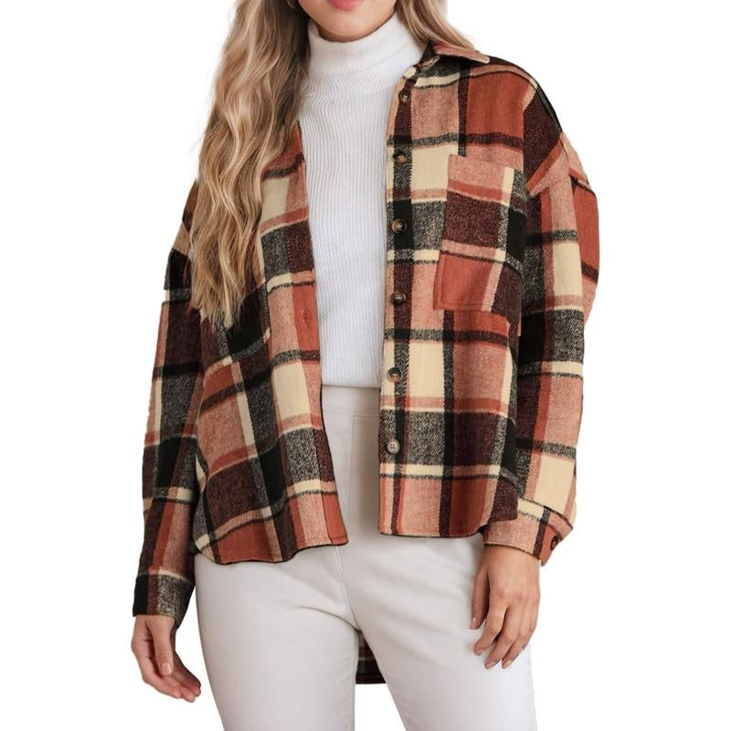 Zeagoo Dealsforyoudays Women'S Casual Plaid Shacket Long Sleeve Button down Flannel Shirts Jacket Coats with Side Pockets