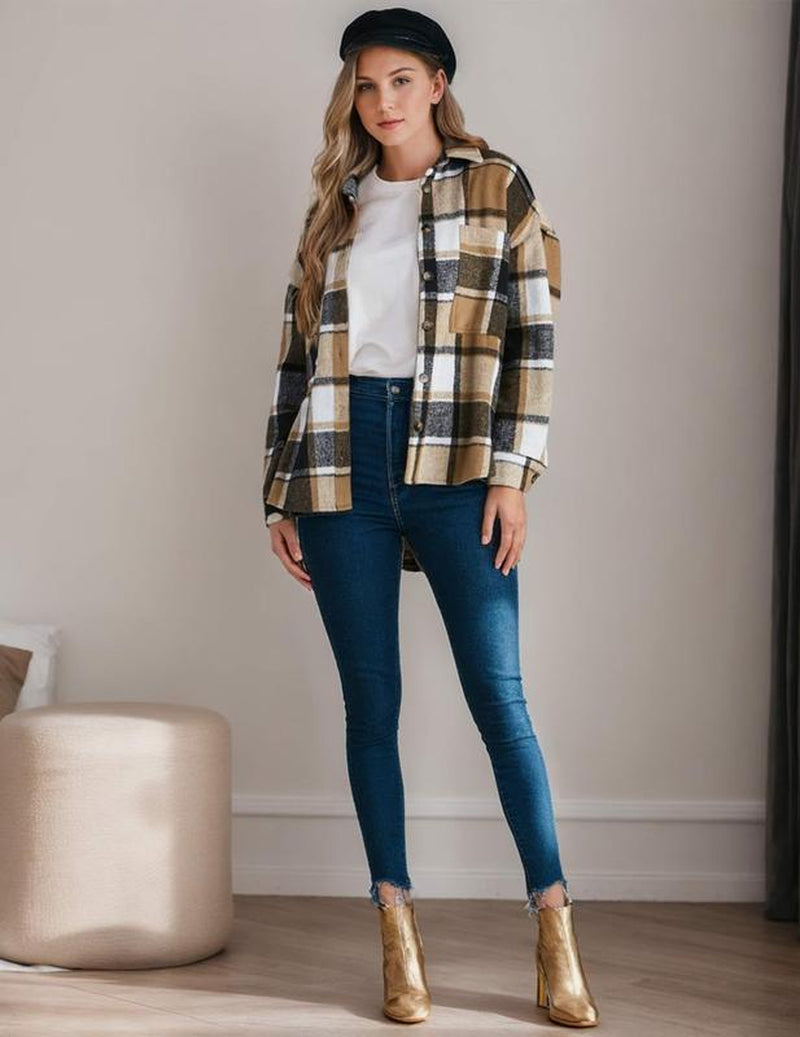 Zeagoo Dealsforyoudays Women'S Casual Plaid Shacket Long Sleeve Button down Flannel Shirts Jacket Coats with Side Pockets