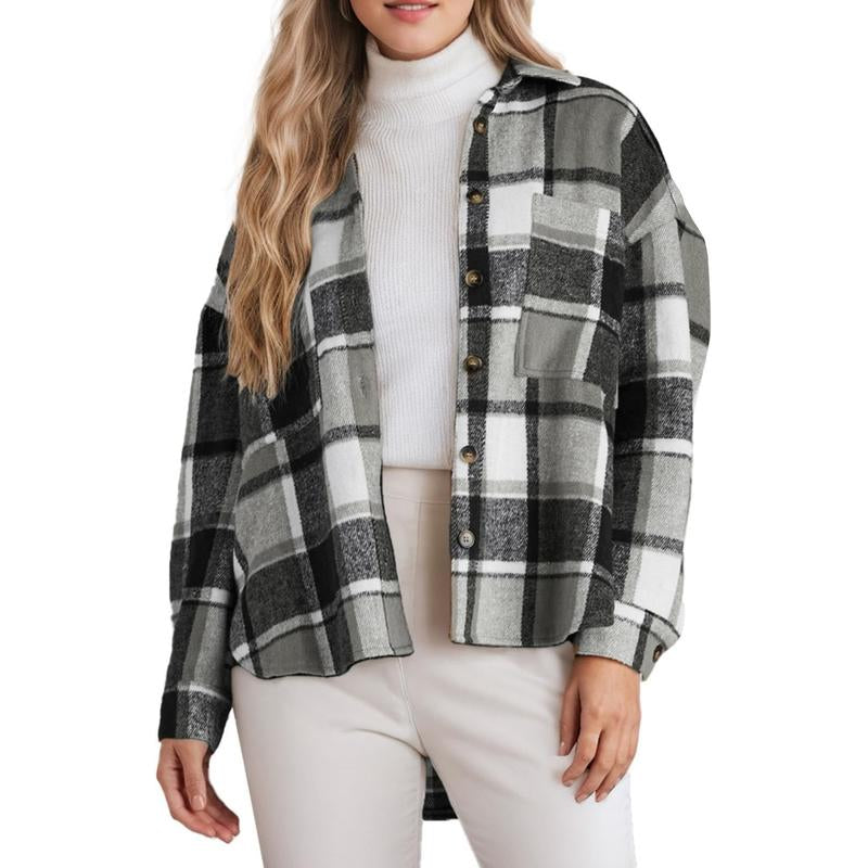 Zeagoo Dealsforyoudays Women'S Casual Plaid Shacket Long Sleeve Button down Flannel Shirts Jacket Coats with Side Pockets